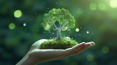 Symbolic magic green tree in a human hand on blurred background. Respect for nature, sustainable energy, care for the environment, ecological development. Earth Day concept. Copy space. 3D rendering.の素材