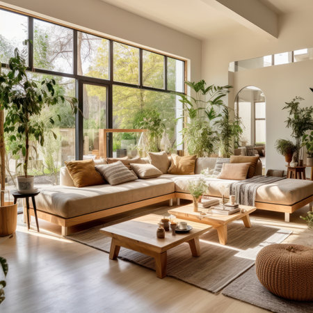 Cozy elegant boho style living room interior in natural colors. Comfortable corner couch with cushions, many houseplants, wooden coffee tables, rug on wooden floor, home decor. 3D rendering.の素材