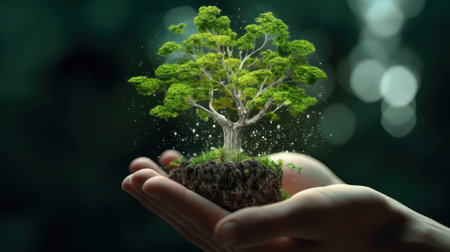 Symbolic magic green tree in human hands on blurred background. Respect for nature, sustainable energy, care for the environment, ecological development. Earth Day concept. Copy space. 3D rendering.の素材