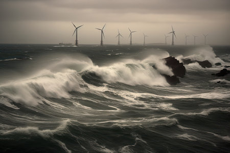 Offshore wind farms next to the deserted wild rocks in the middle of a stormy northern sea. Beautiful gloomy seascape with wind generators. Sustainable green energy concept. 3D rendering.の素材