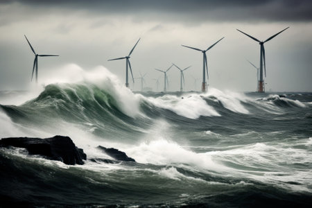 Offshore wind farms next to the deserted wild rocks in the middle of a stormy northern sea. Beautiful gloomy seascape with wind generators. Sustainable green energy concept. 3D rendering.の素材