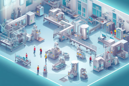 3D mockup illustration of contemporary high-tech production workshop. Facility with modern industrial machinery and conveyors. Manufacturing process: pharmaceutics, semiconductors, biotechnology.の素材