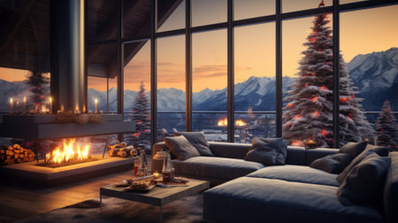 Interior of cozy living room in modern minimalist cottage with Christmas decor. Blazing fireplace, burning candles, elegant Christmas tree, comfortable couch, panoramic window with mountains view.の素材