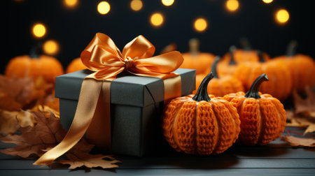 Halloween composition in dark tones. Elegant gift box with bow. Candles, dried maple leaves, pumpkins, blurred background with bokeh effect. Halloween celebration concept. Template, copy space.の素材