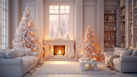 Interior of classic white living room with Christmas decor. Blazing fireplace, burning candles, elegant Christmas trees, comfortable couches, bookshelves, large window with winter forest view.の素材