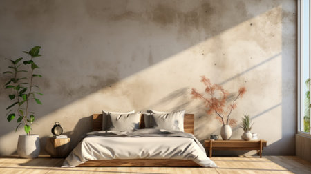Minimalist interior of modern luxury loft bedroom. Concrete grunge walls, rough wooden bed and side tables, decorative vases with plants, home decor, floor-to-ceiling window. Template, 3D rendering.の素材