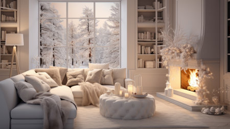Interior of classic white living room with Christmas decor. Blazing fireplace, burning candles, elegant Christmas tree, comfortable sofa and ottoman, bookshelves, large window with winter forest view.の素材