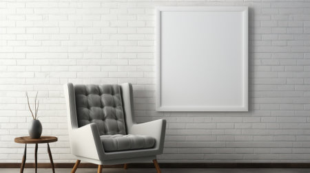Front view of a modern minimalist scandi living room. White brick wall with poster template, comfortable armchair, coffee table, dry branches in a vase. Home decor. Mockup, 3D rendering.の素材