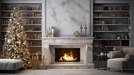 Interior of luxury classic living room with Christmas decor. Blazing fireplace, garlands and burning candles, elegant Christmas tree, gift boxes, bookcase. Christmas and New Year celebration concept.の素材