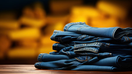 Stack of blue jeans on a wooden table. Stacks of yellow clothes on the blurred background. Fashion and retail concept. Copy space.の素材