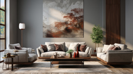 Front view of a modern classic living room. Gray wall with large abstract painting, trendy cushioned furniture, coffee table, large window. Contemporary home design. Mockup, 3D rendering.の素材