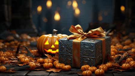 Halloween composition in dark tones. Elegant gift box with bow, pumpkin jack-o-lantern, many small pumpkins, burning candles. Blurred background with bokeh effect. Halloween celebration concept.の素材