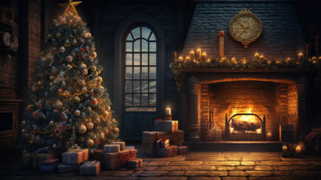 Interior of luxury classic living room with Christmas decor and magic atmosphere. Blazing fireplace, garlands and burning candles, elegant Christmas tree, gift boxes. Christmas celebration concept.の素材