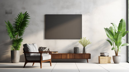 Front view of a modern minimalist scandi living room. Gray wall with poster template, comfortable armchair, commode, plants in pots, decorative vases. Home decor. Mockup, 3D rendering.の素材