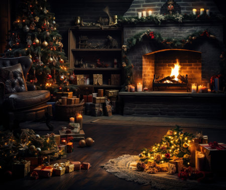 Interior of luxury classic living room with Christmas decor and magic atmosphere. Blazing fireplace, garlands and burning candles, elegant Christmas tree, gift boxes. Christmas celebration concept.の素材