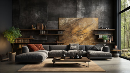 Interior of cozy minimalist living area in modern luxury cottage. Stone wall, comfortable corner sofa with cushions, rough wooden coffee table. Panoramic window with forest view. Eco home design.の素材