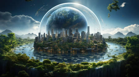 Symbolic 3D image of the globe with elements of human activity and nature landscape. Eliminate waste and pollution, save clean planet. Saving nature for future generations. Earth Day, ecology concept.の素材