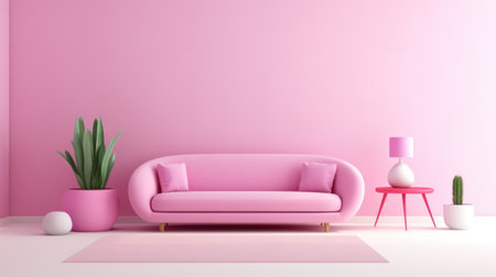 Stylish minimalist interior of modern cozy living room in pastel pink and purple tones. Trendy couch with cushions, coffee table, exotic plants, creative design details. Mockup, 3D rendering.の素材