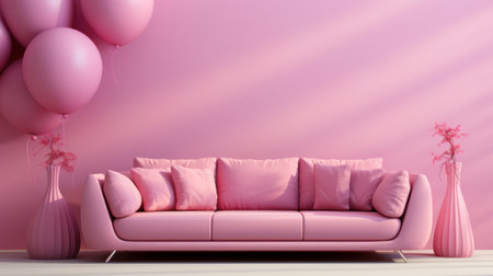 Stylish minimalist interior of modern cozy living room in pastel pink and purple tones. Trendy couch with cushions, decorative vases, creative design details. Mockup, 3D rendering.の素材