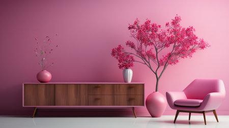Stylish minimalist interior of modern cozy living room in pastel pink and purple tones. Comfortable trendy armchair, commode, decorative tree in a vase, creative design details. Mockup, 3D rendering.の素材