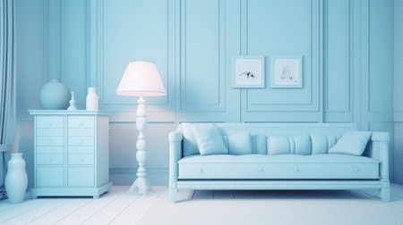 Stylish classic interior of modern cozy living room in white and pastel blue tones. Trendy couch with cushions, commode, floor lamp, decorative vases, creative design details. Mockup, 3D rendering.の素材