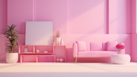 Stylish minimalist interior of modern cozy living room in pastel pink tones. Comfortable trendy couch, poster template, decorative plant in a pot, creative design details. Mockup, 3D rendering.の素材