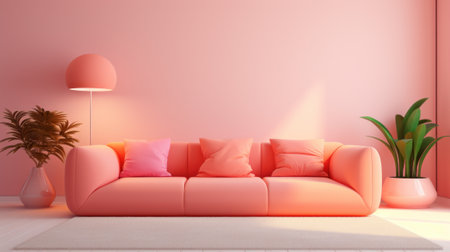 Stylish minimalist monochrome interior of modern living room in pastel orange and pink tones. Trendy couch, houseplants, floor lamp, creative interior details. Mockup, 3D rendering.の素材