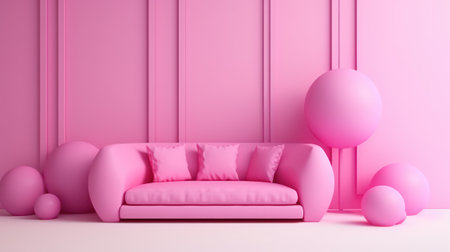 Stylish minimalist monochrome interior of modern cozy living room in pastel pink and purple tones. Trendy couch, wall and home decor. Creative home design. Mockup, 3D rendering.の素材