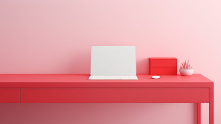 Fragment of stylish minimalist monochrome interior of modern office room in pastel carmine red and pink tones. Large desktop, laptop, office tools. Creative design. Mockup, 3D rendering.の素材