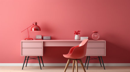 Stylish minimalist monochrome interior of modern office room in pastel carmine red and pink tones. Large desktop, office tools, table lamp, chair. Creative design. Mockup, 3D rendering.の素材