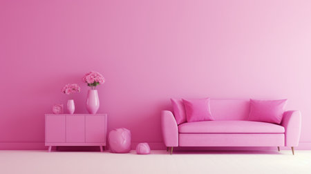 Stylish minimalist monochrome interior of modern cozy living room in pastel pink and purple tones. Trendy couch, commode, decorative vases with flowers. Creative home design. Mockup, 3D rendering.の素材
