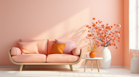 Stylish monochrome interior of modern cozy living room in pastel orange and pink tones. Trendy couch with cushions, coffee table, decorative vases. Creative home design. Mockup, 3D rendering.の素材