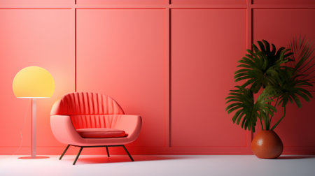 Stylish monochrome interior of modern cozy living room in pastel red tones. Trendy armchair, floor lamp, decorative plant in a vase. Creative home design. Mockup, 3D rendering.の素材