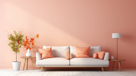 Stylish monochrome interior of modern cozy living room in pastel orange and pink tones. Trendy couch with cushions, coffee table, decorative vases. Creative home design. Mockup, 3D rendering.の素材