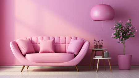 Stylish minimalist monochrome interior of modern cozy living room in pastel pink and purple tones. Trendy couch, coffee tables, exotic plant, pendant lamp. Creative home design. Mockup, 3D rendering.の素材