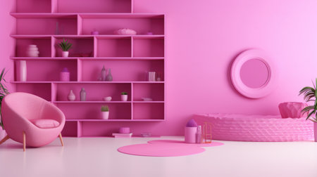 Stylish minimalist monochrome interior of modern cozy living room in pastel pink and purple tones. Trendy armchair, wall shelves, houseplants. Creative home design. Mockup, 3D rendering.の素材