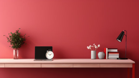Fragment of minimalist monochrome interior of modern office room in pastel carmine red and pink tones. Large desktop, alarm clock, laptop, table lamp, books. Creative design. Mockup, 3D rendering.の素材