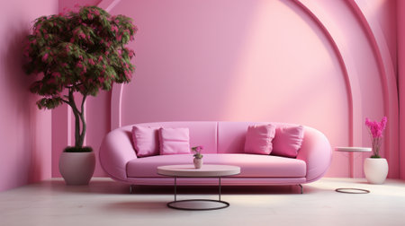 Stylish minimalist monochrome interior of modern living room in pastel pink and purple tones. Trendy couch, coffee table, exotic plants, wall decor. Creative home design. Mockup, 3D rendering.の素材