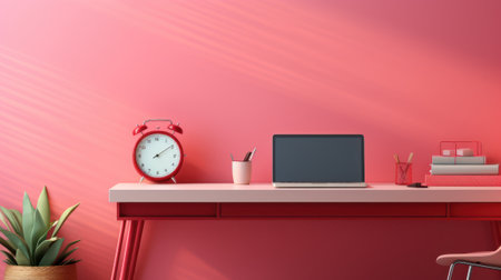 Minimalist monochrome interior of modern office room in pastel carmine red and pink tones. Fragment. Large desk, laptop, alarm clock, office tools, houseplant. Creative design. Mockup, 3D rendering.の素材