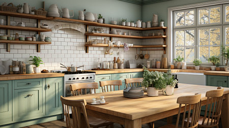 Interior of cozy vintage kitchen provence style. Pistachio facades, wooden countertops and shelves with crockery, white tile backsplash. Wooden dining table and chairs. Large window with garden view.の素材