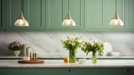 Interior of modern classic kitchen. Marble countertop, marble backsplash and green cabinets, fruits and flowers, vintage pendant lights, various crockery on the background. Contemporary home design.の素材