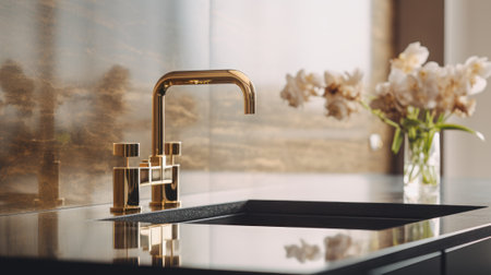 Fragment of a modern classic luxury kitchen. Dark marble countertop with built-in sink, curved gold faucet, marble backsplash. Flowers on the background. Contemporary interior design. 3D rendering.の素材