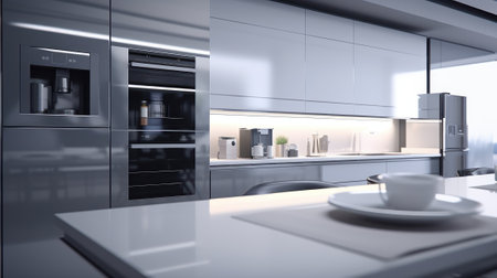 Modern minimalist kitchen interior. Gray flat facades, stone countertop, built-in home appliances, big fridge, work surface lighting. Dining area. Contemporary home design. 3D rendering.の素材