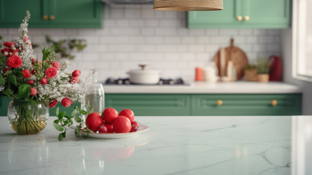 Interior of modern classic kitchen. Green facades, marble countertop, flowers in a vase and red vegetables on the foreground, various crockery on the background. Contemporary home design.の素材