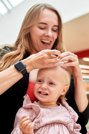 Close-up of young pretty mother with a small baby on her lap. Mom and daughter in pink clothes hug, play, relax and have fun while shopping. Family weekend in shopping mall. Happy childhood.の写真素材