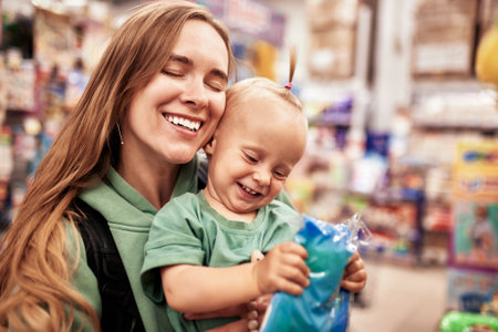 Young attractive mother with cute baby in her hands walking around toy store. Beautiful mom and her little blonde daughter are shopping in the mall and having fun. Family weekend, happy childhood.の写真素材
