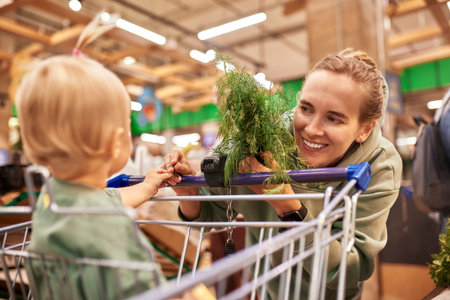 Happy young mother with her cute daughter in shopping trolley walking around supermarket. Beautiful mom and little blonde baby girl choosing fruit and having fun. Family shopping, happy childhood.の写真素材