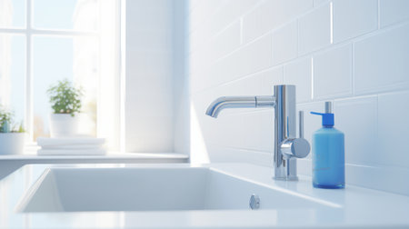 Fragment of a modern luxury bathroom with white walls. White countertop sink with chrome faucet, soap dispenser. Close-up. Contemporary interior design. 3D rendering.の素材
