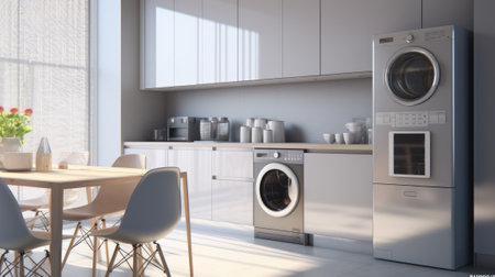 Modern minimalist kitchen interior. Gray flat facades, stone countertop, built-in home appliances, big fridge, work surface lighting. Dining area. Contemporary home design. 3D rendering.の素材