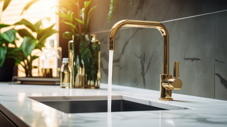 Fragment of a modern luxury kitchen. Marble countertop and backsplash, built-in sink, gold faucet with running water, houseplants. Close-up. Contemporary interior design. 3D rendering.の素材